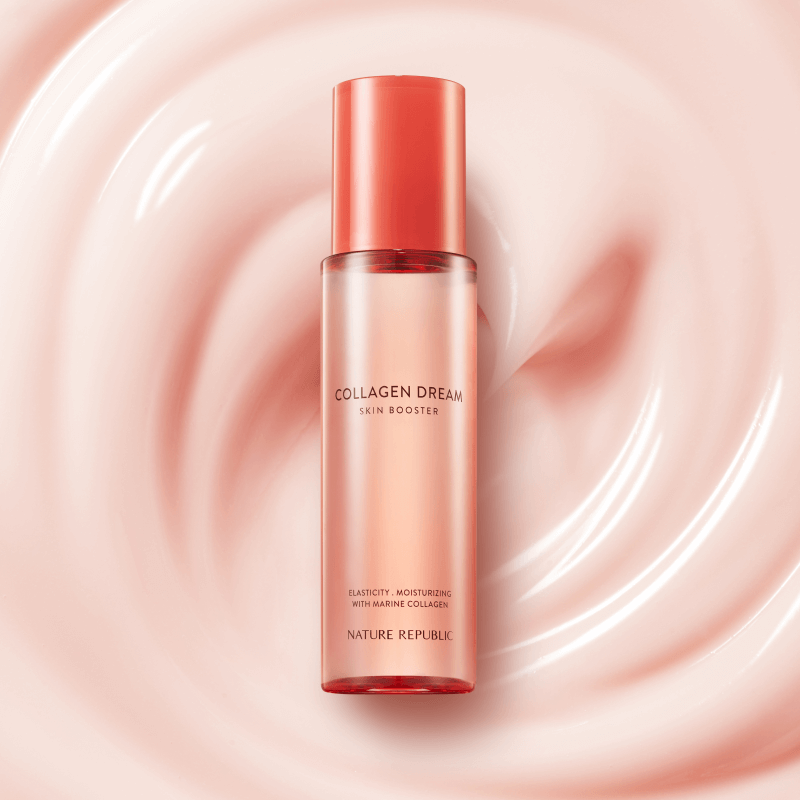 NATURE REPUBLIC Collagen Dream 90 Skin Booster 150ml bottle on a swirled creamy background, showcasing skincare product packaging.