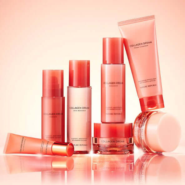 Array of skincare products featuring NATURE REPUBLIC Collagen Dream 90 Skin Booster 150ml in a stylish display.