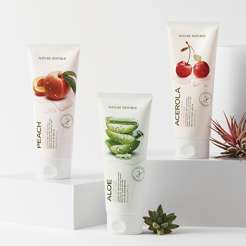 NATURE REPUBLIC Fresh Herb Foam Cleansing 170ml with fruits and aloe for radiant skin in a modern white packaging with succulent decor.