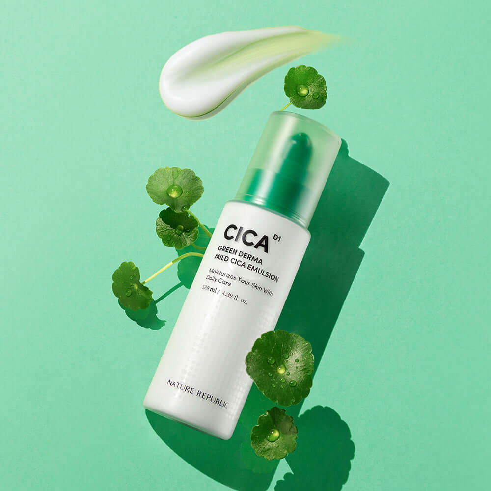 NATURE REPUBLIC Green Derma Mild Cica Emulsion 130ml bottle with green leaf design on mint background