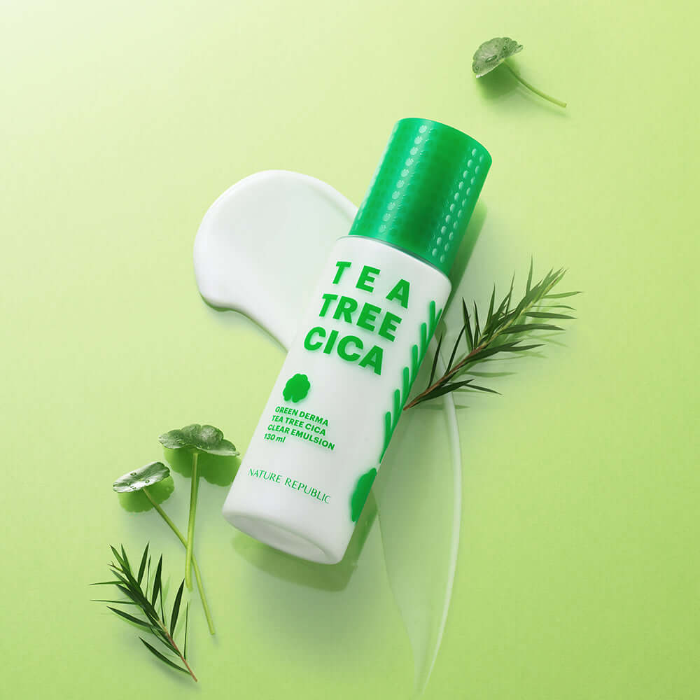 NATURE REPUBLIC Green Derma Tea Tree Cica Clear Emulsion 130ml bottle with tea tree leaves on a green background.