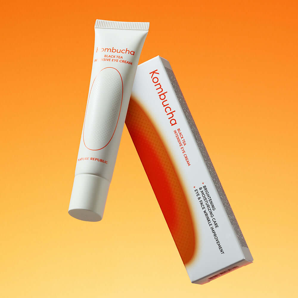 NATURE REPUBLIC Kombucha Black Tea Eye Cream 30ml with packaging on orange background