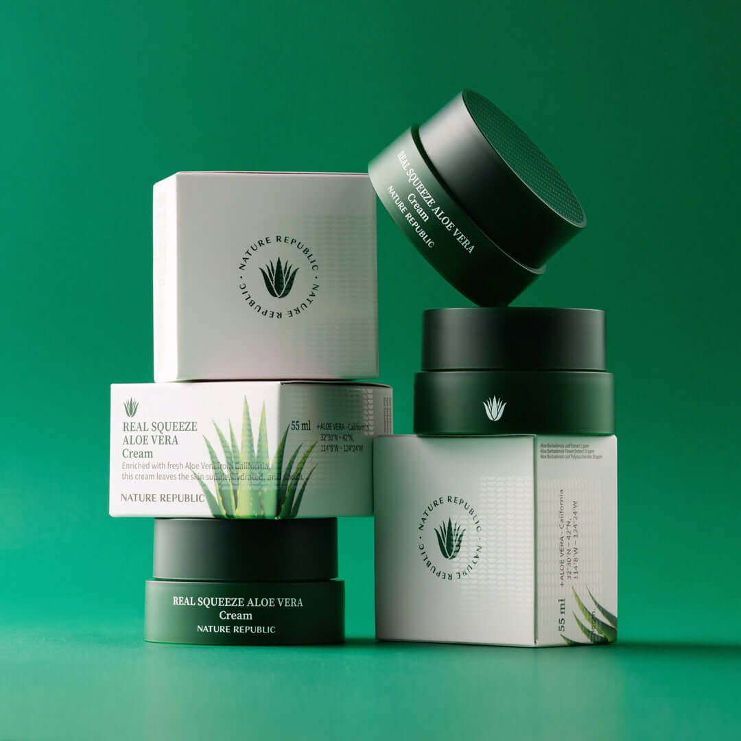 NATURE REPUBLIC Real Squeeze Aloe Vera Cream 55ml packaging on green background