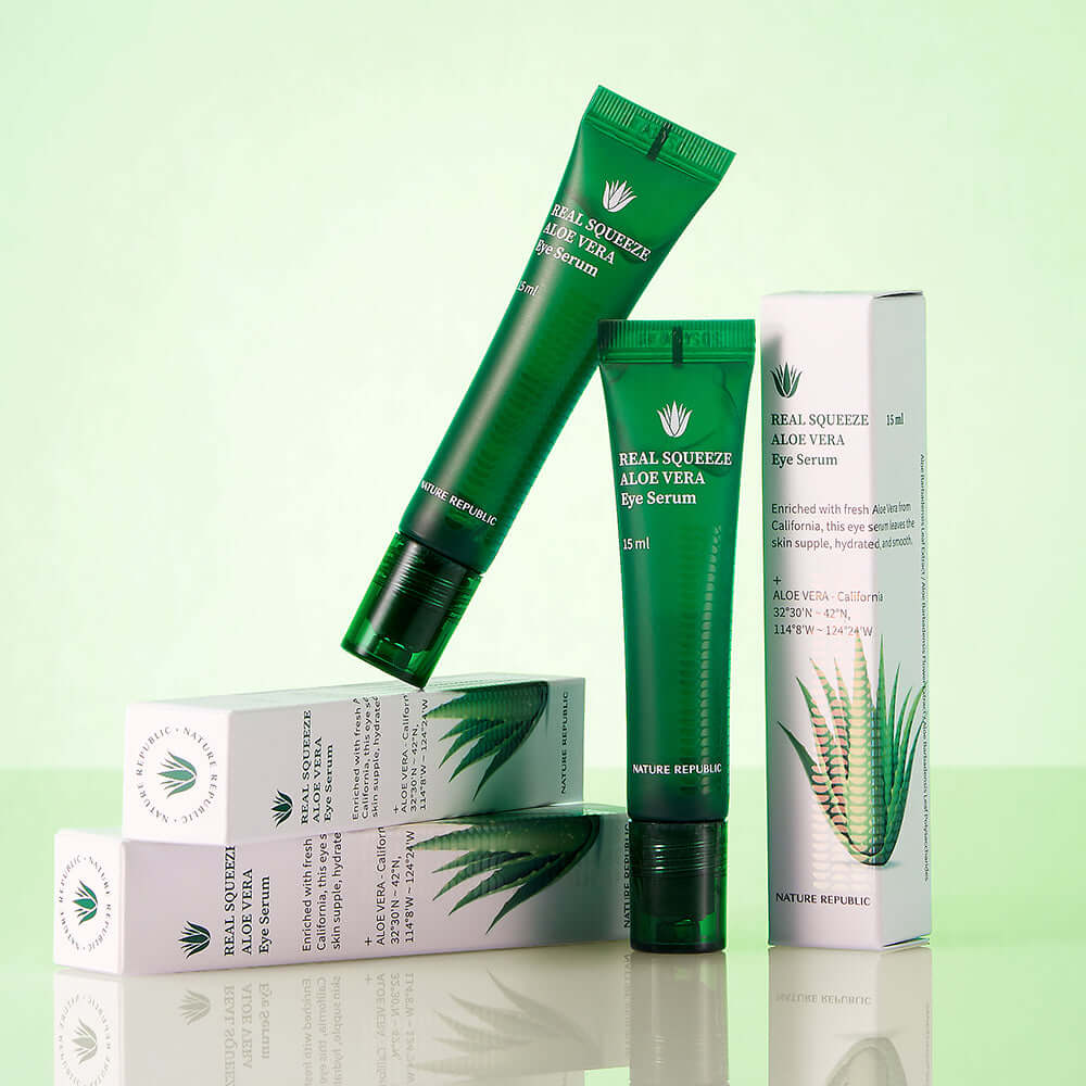NATURE REPUBLIC Real Squeeze Aloe Vera Eye Serum 15ml product packaging and tubes, showcasing aloe vera skincare benefits.