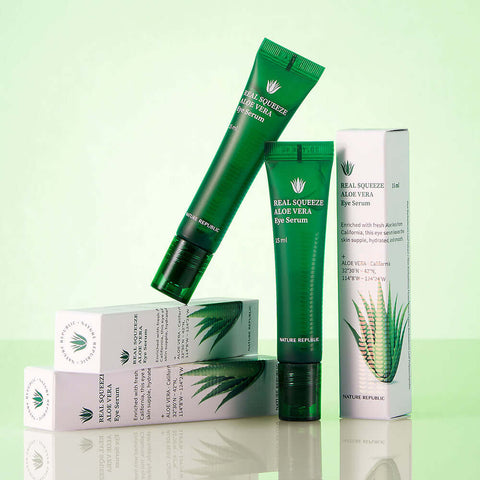 NATURE REPUBLIC Real Squeeze Aloe Vera Eye Serum 15ml product packaging and tubes, showcasing aloe vera skincare benefits.