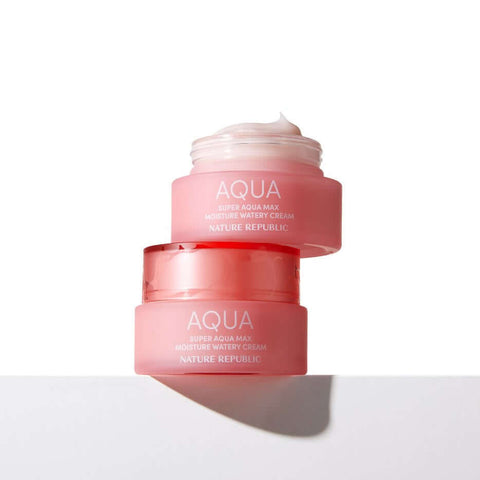 NATURE REPUBLIC Super Aqua Max Moisture Watery Cream 80ml product image with open and closed jars on a white background.