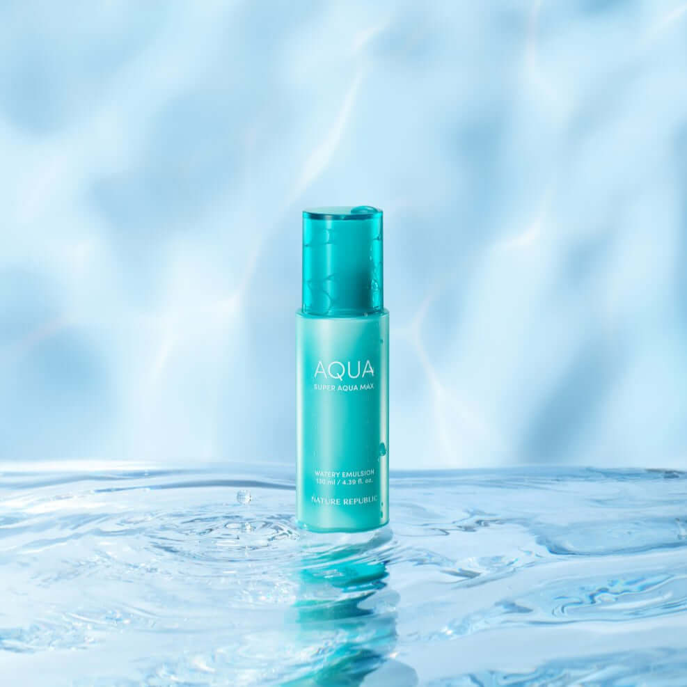 NATURE REPUBLIC Super Aqua Max Watery Emulsion 130ml bottle on water backdrop