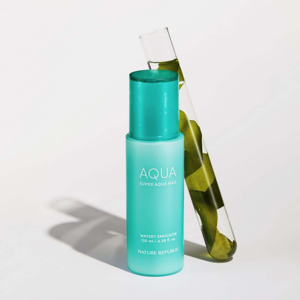 NATURE REPUBLIC Super Aqua Max Watery Emulsion 130ml product bottle next to a test tube with green leaves