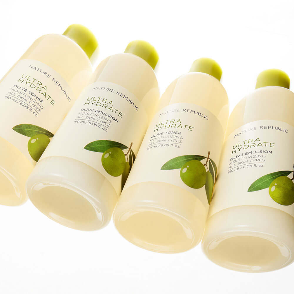 NATURE REPUBLIC Toner Emulsion Set With Olive Leaf Extracts 180ml bottles displayed with olive design on white background.