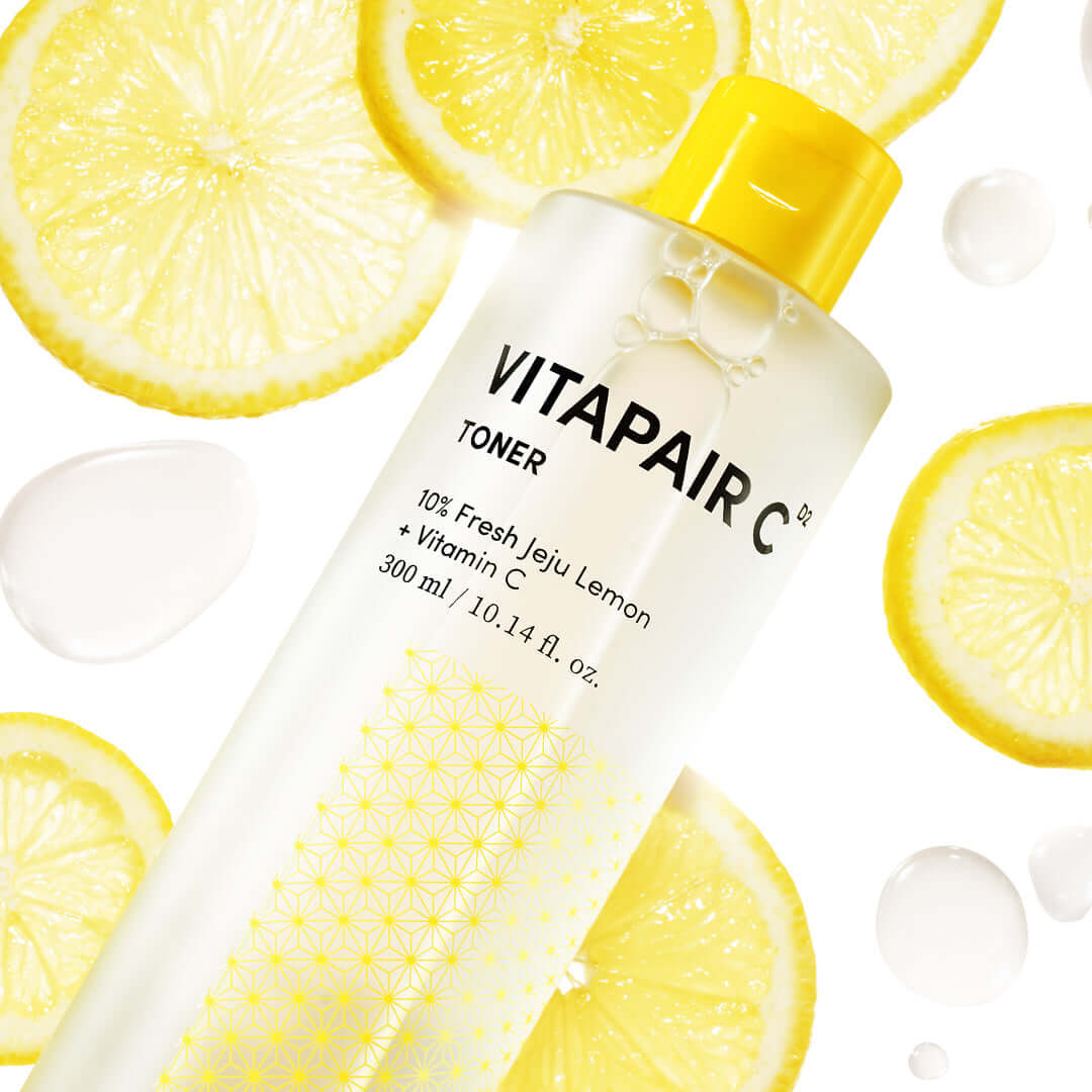 NATURE REPUBLIC VitaPair C Toner 300ml bottle with lemon slices, highlighting Vitamin C ingredients and fresh skincare benefits.