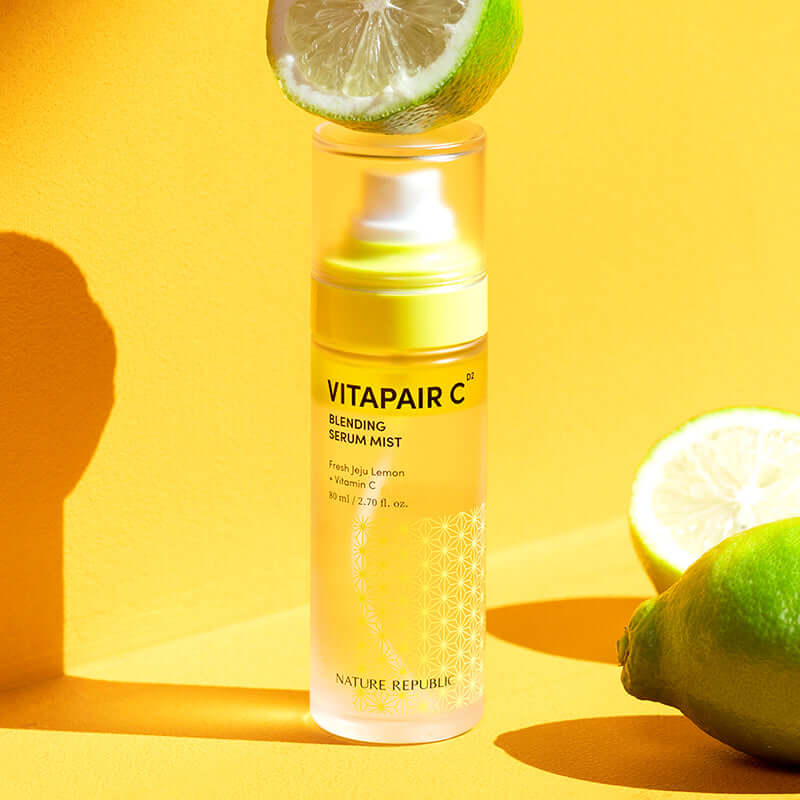 NATURE REPUBLIC Vitapair C Blending Serum Mist 80ml with fresh lemon scent displayed against a vibrant yellow background