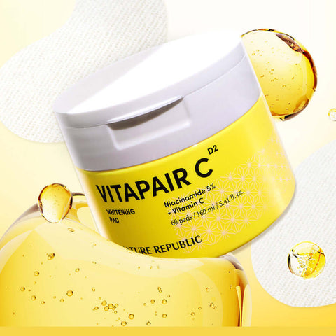 NATURE REPUBLIC Vitapair C Whitenning Pads 160ml with Vitamin C and Niacinamide for brightening, 60 pads per jar on a white background