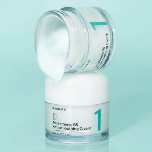NUMBUZIN No.1 Pantothenic B5 Active Soothing Cream jar with creamy texture, displayed on a teal background.