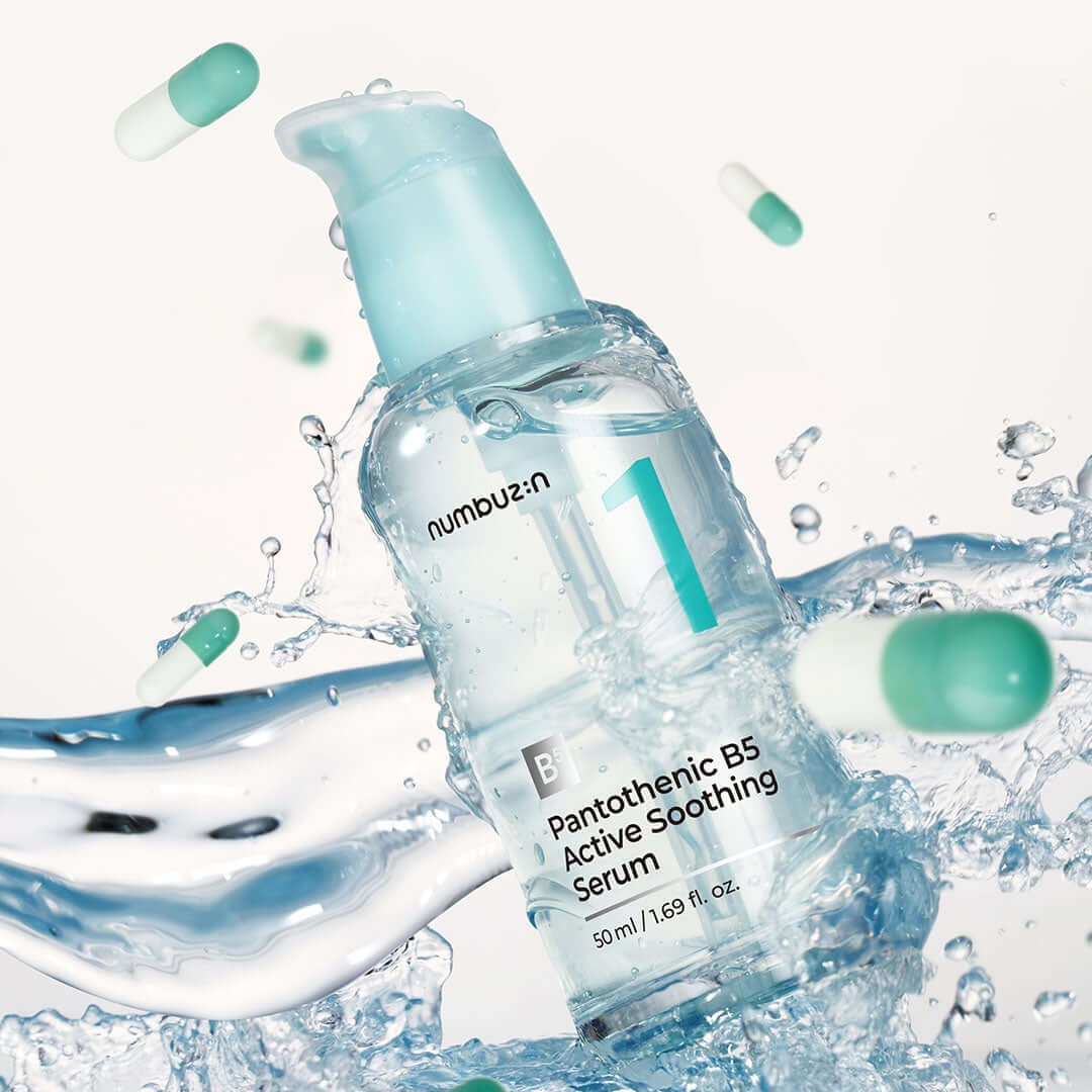 NUMBUZIN No.1 Pantothenic B5 Active Soothing Serum bottle with splashing water and capsules in the background.