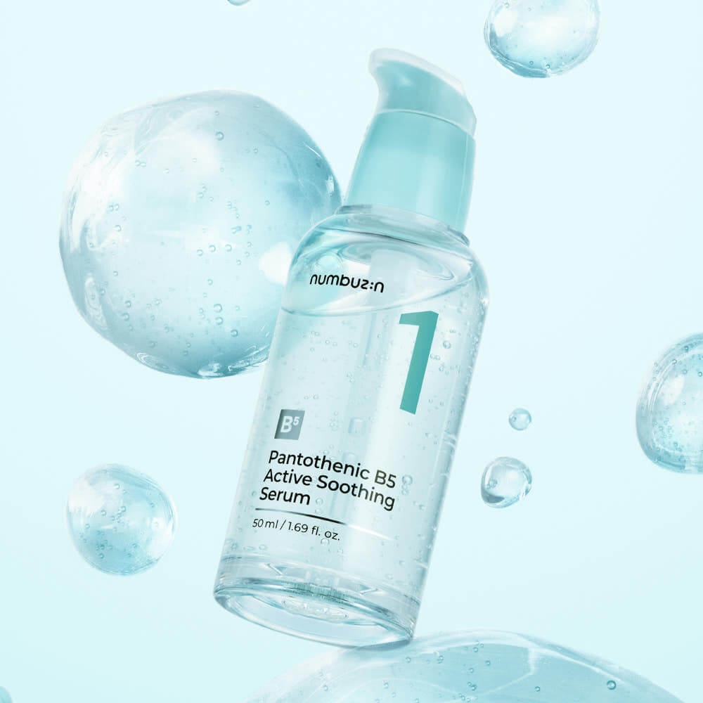 Bottle of NUMBUZIN No.1 Pantothenic B5 Active Soothing Serum with blue background and floating bubbles.