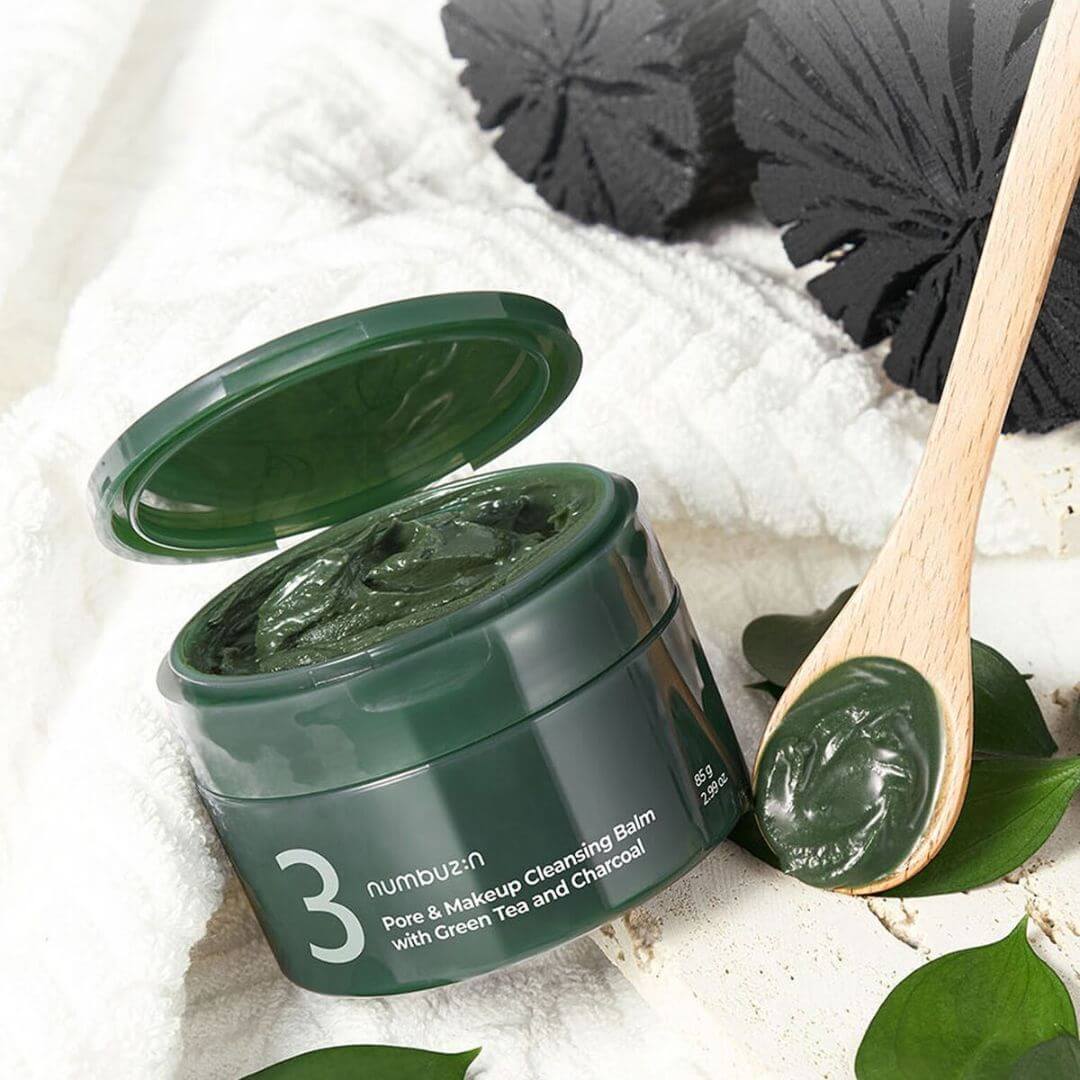 NUMBUZIN No.3 Green Tea Charcoal Pore Pack Cleansing Balm with open container and wooden spoon