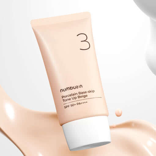 NUMBUZIN No.3 Porcelain Base-Skip Tone Up Beige SPF50+ PA++++ moisturizer on a white background with beige swirls.