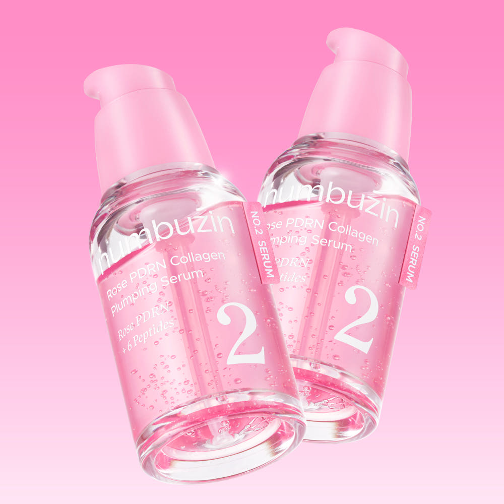 NUMBUZIN No.2 Rose PDRN Collagen Plumping Serum 30ml bottles on a pink background