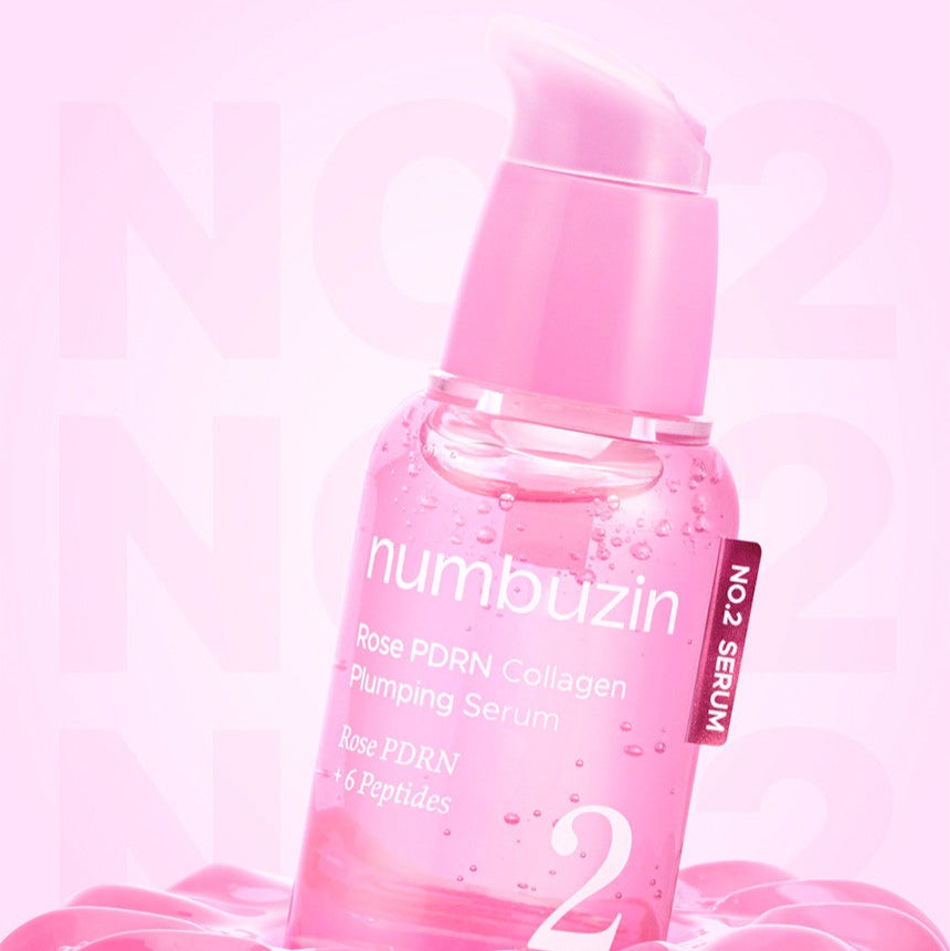NUMBUZIN No.2 Rose PDRN Collagen Plumping Serum 30ml bottle with pink packaging and text on the front.