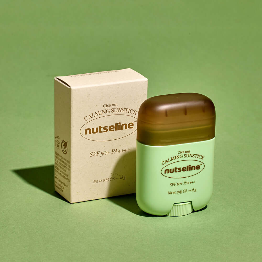 NUTSELINE Cica Nut Calming Sun Stick 18g with SPF50+ PA+++, featuring soothing skincare benefits for sun protection.