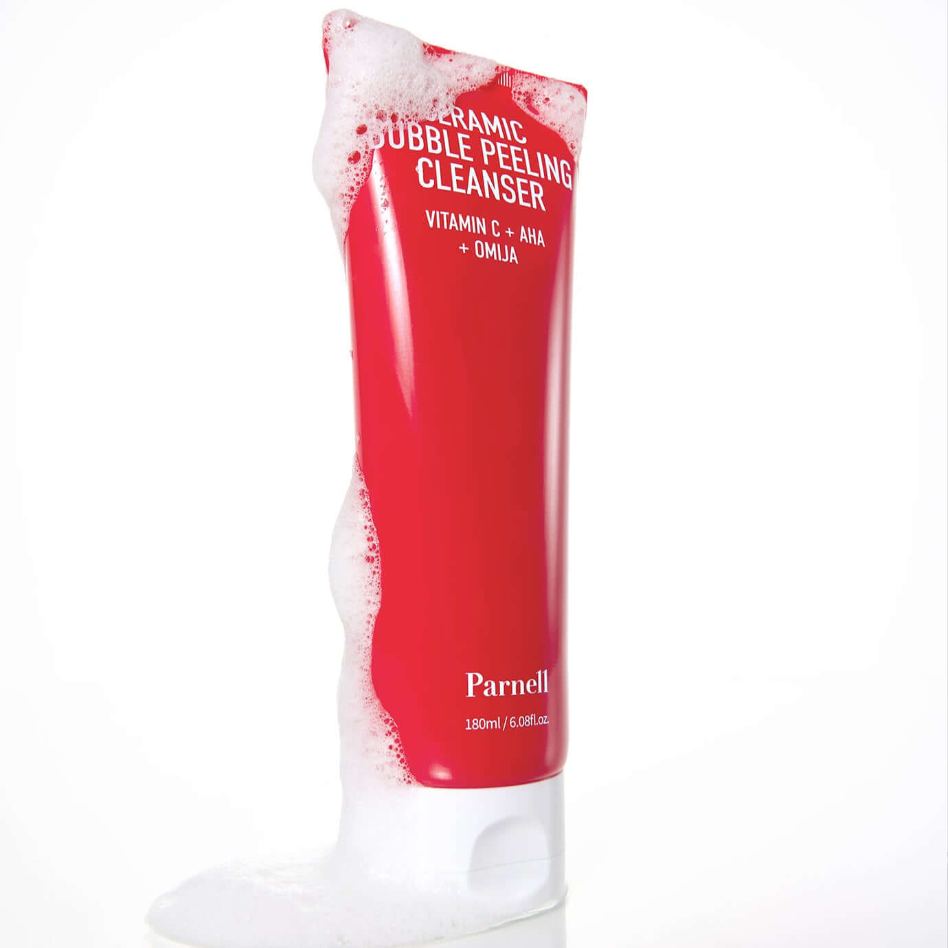 PARNELL AHA Omija Ceramic Bubble Peeling Cleanser 180ml with foaming action displayed on the bottle