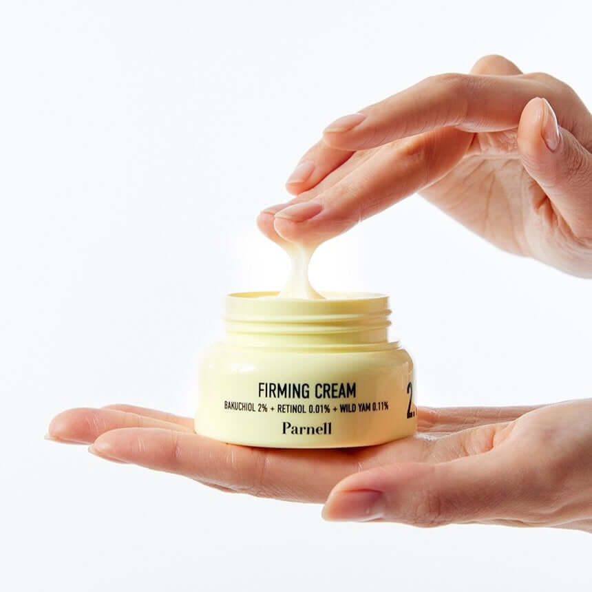 PARNELL Bakuchiol Retinol Wild Yam Firming Cream 50ml being applied from jar.