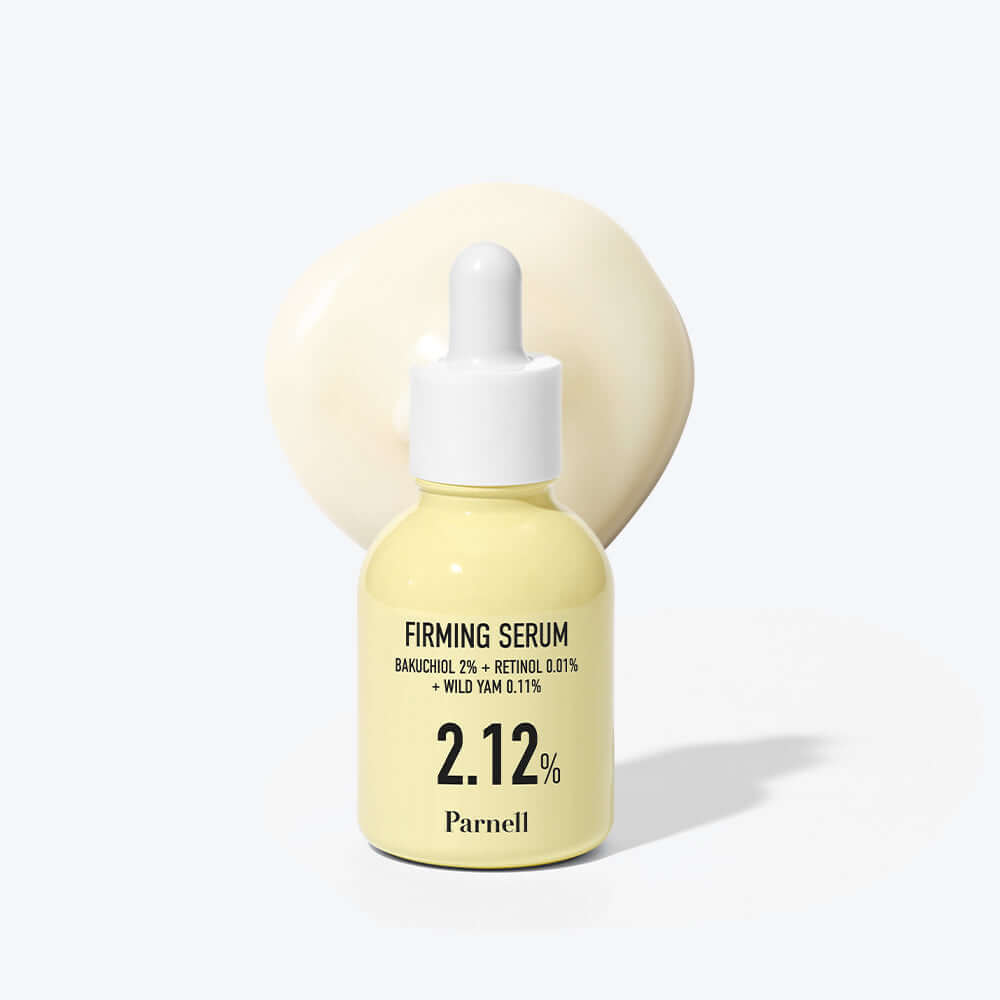 PARNELL Bakuchiol Wild Yam 2.12 Firming Serum 30ml bottle with creamy serum texture in background
