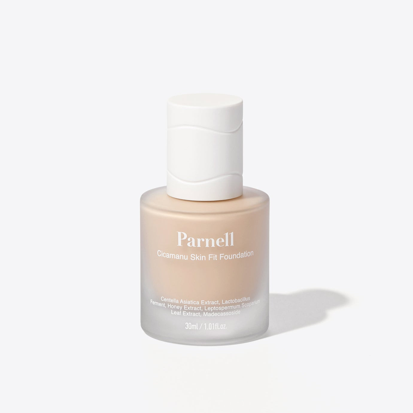 PARNELL Cicamanu Skin Fit Foundation 30g bottle displayed against a white background, showcasing premium skincare product.