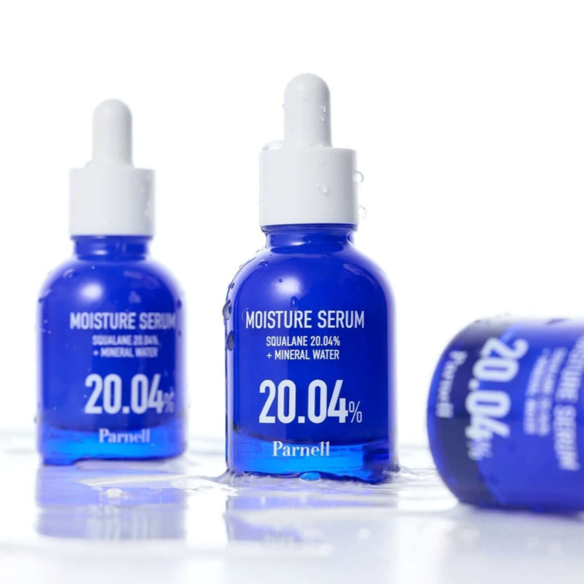 PARNELL Squalane 20.04 Mineral Water Moisture Serum 30ml bottles displayed with dropper cap.