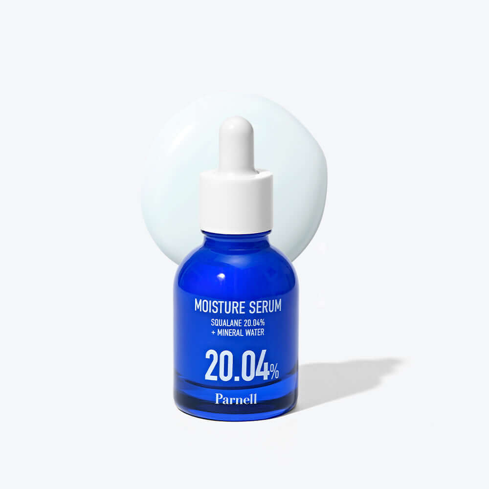 PARNELL Squalane 20.04 Mineral Water Moisture Serum 30ml blue bottle with dropper and cream background