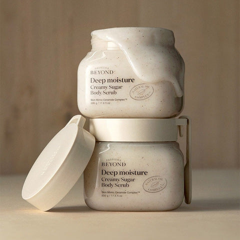 PASSION&BEYOND Deep Moisture Creamy Sugar Body Scrub 500g in two jars with open lid showing rich creamy texture
