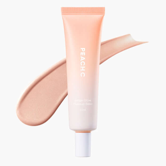 PEACH C Beige Glow Makeup Base tube against swatch background