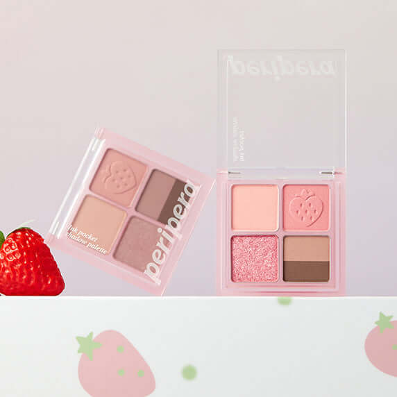 PERIPERA Ink Pocket Shadow Palette #Softberry Collection with pink and brown shades displayed artistically with strawberry accents.