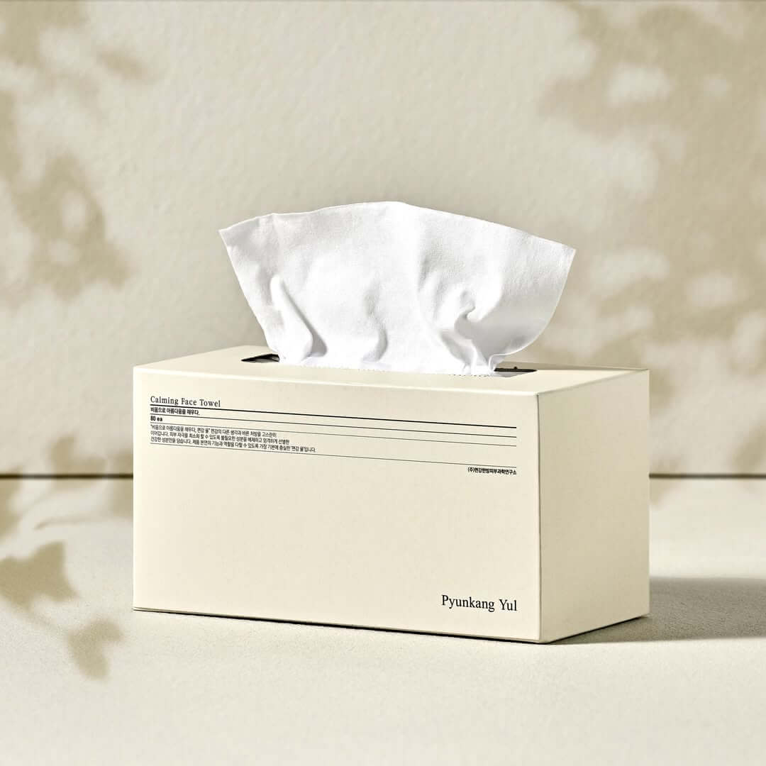 Box of PYUNKANG YUL Calming Face Towels 80 Pieces on a neutral background
