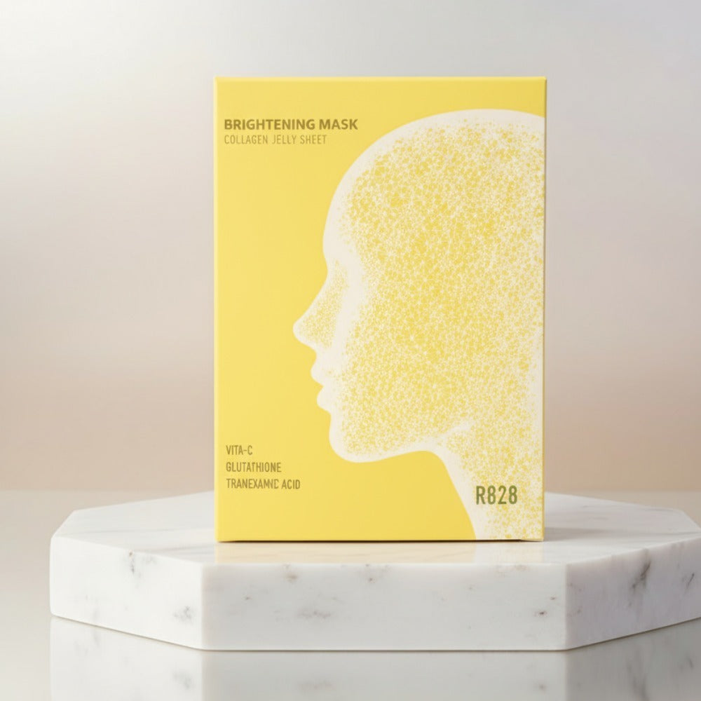 R828 Brightening Mask Pack (5 pieces) on a marble table, featuring yellow packaging with a profile silhouette.