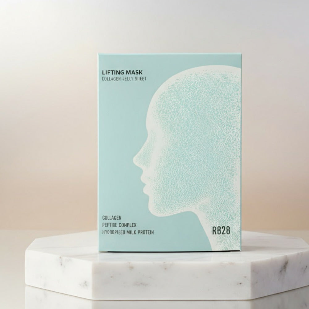Box of R828 Lifting Mask Pack (5 pieces) collagen jelly sheet displayed on a marble surface for youthful skin care.