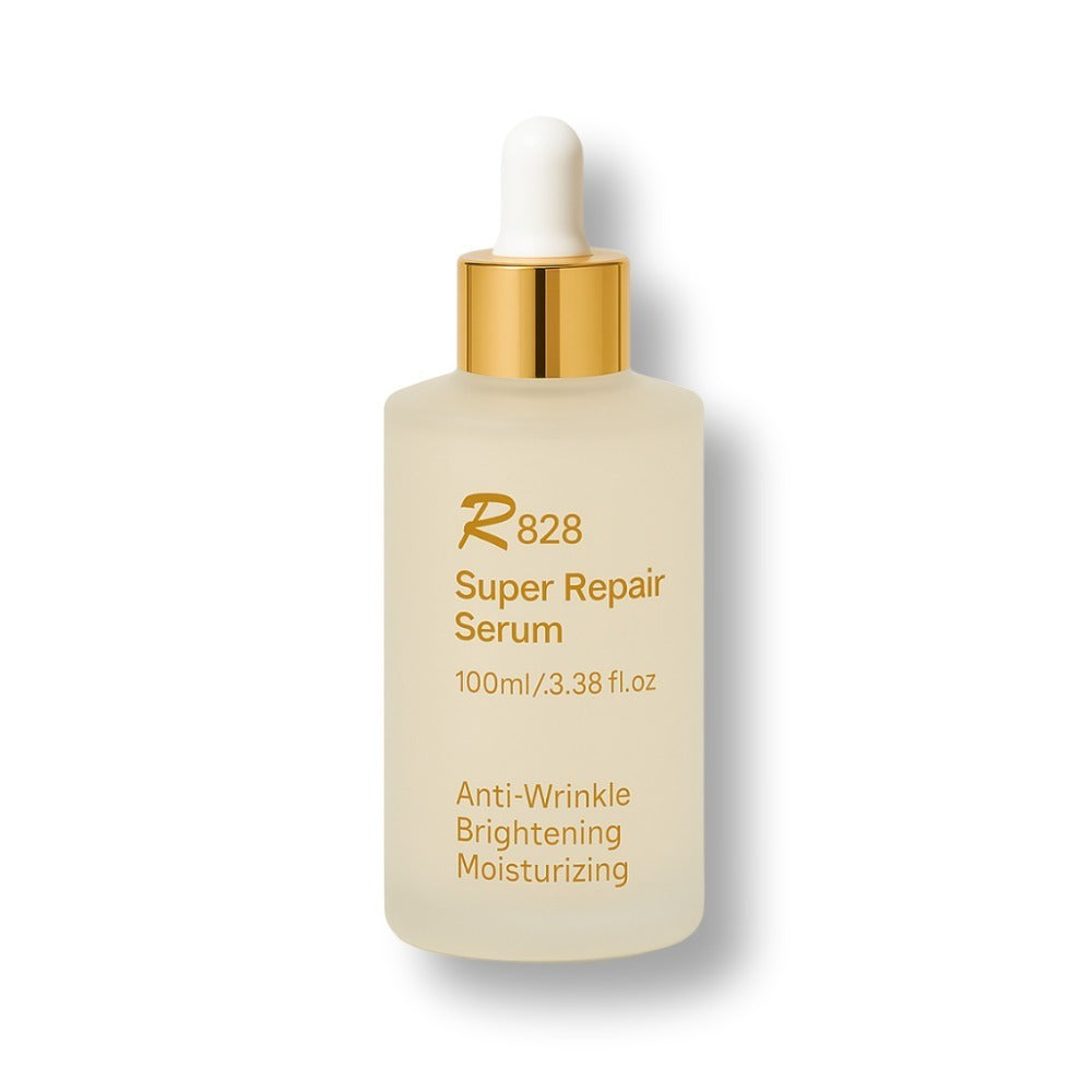 R828 Super Repair Serum 100ml bottle, anti-wrinkle brightening moisturizing skincare product.