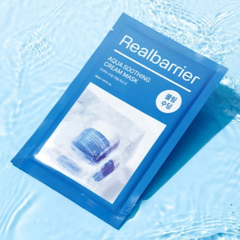 REAL BARRIER Aqua Soothing Cream Mask 10 Sheets on blue water background