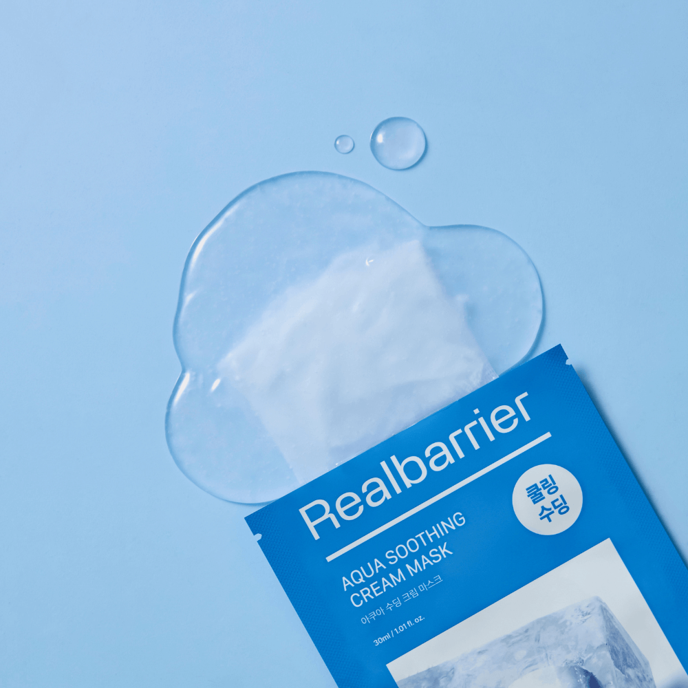 REAL BARRIER Aqua Soothing Cream Mask 10 Sheets on blue background with soothing water splash effect