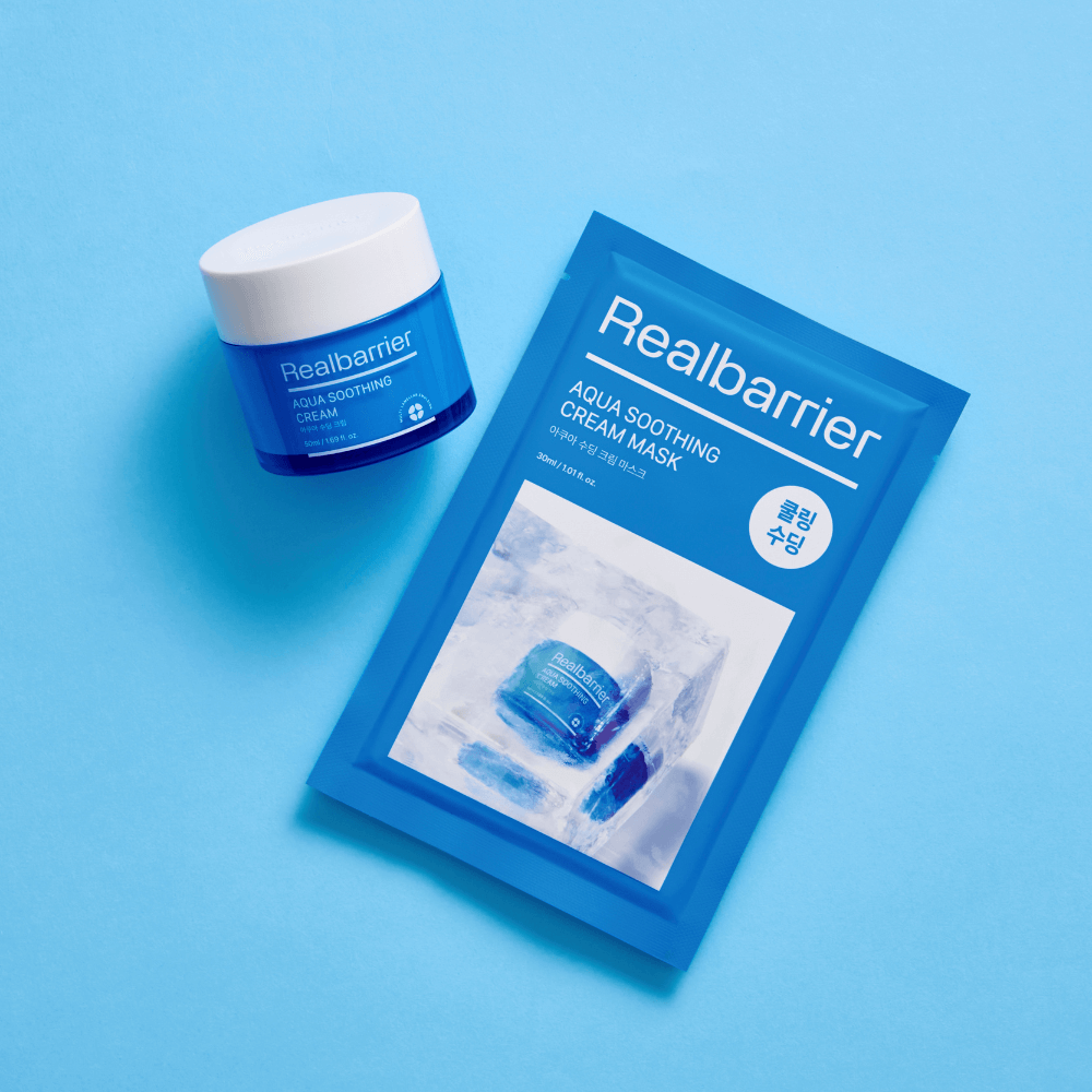 REAL BARRIER Aqua Soothing Cream Mask 10 Sheets on a blue background.