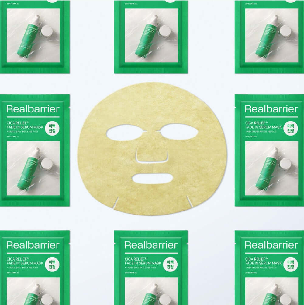 REAL BARRIER Cica Relief Rx Fade-In Serum Mask 10 Sheets with sheet mask displayed against packaging.
