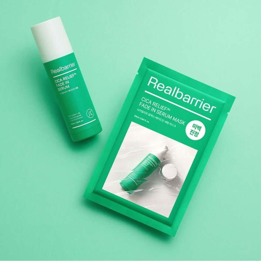 REAL BARRIER Cica Relief Rx Fade-In Serum Mask 10 Sheets package and serum bottle on green background