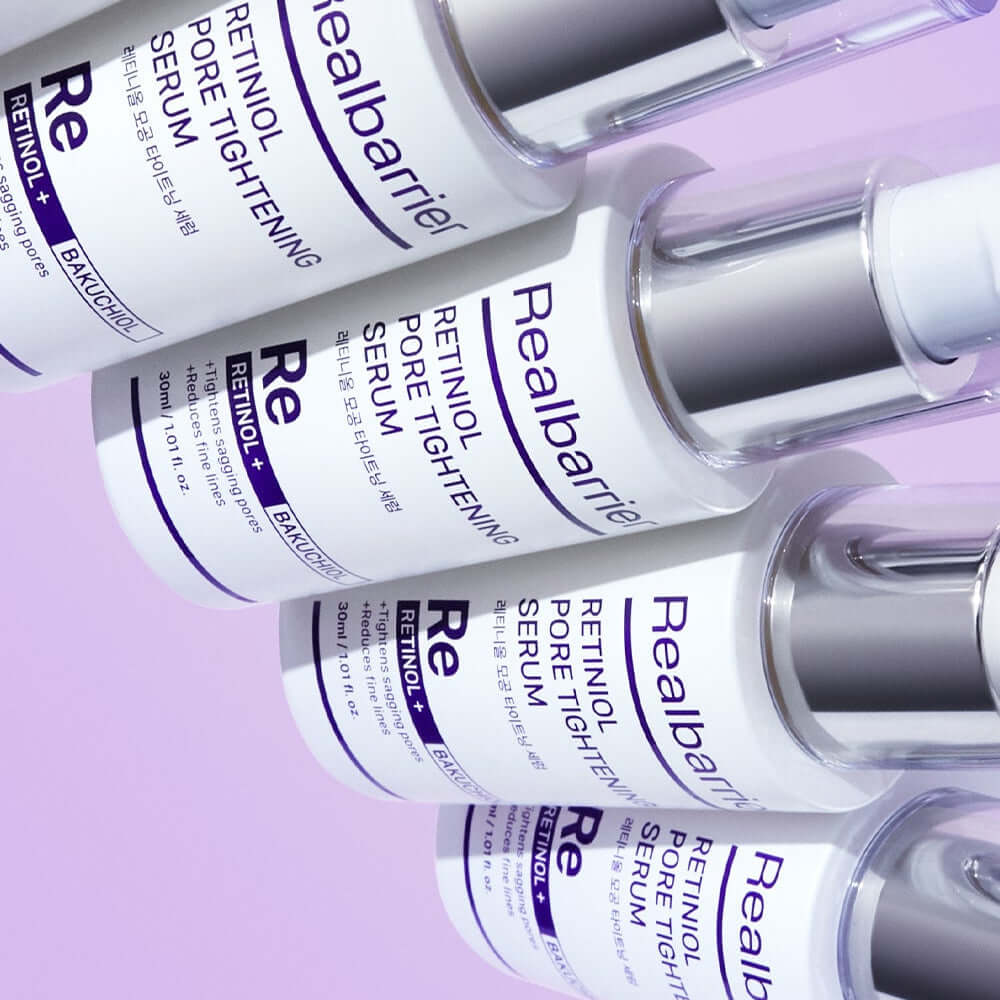 REAL BARRIER Retinol Pore Tightening Serum 30ml skincare bottles on purple background