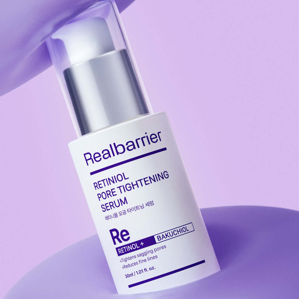 REAL BARRIER Retinol Pore Tightening Serum 30ml skincare product with purple background