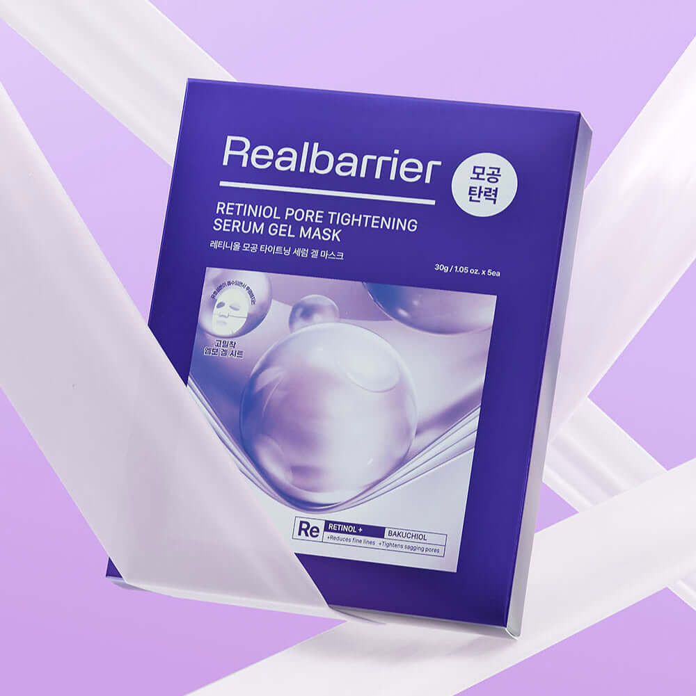 REAL BARRIER Retinol Pore Tightening Serum Gel Mask x5 Sheets packaging on a purple background