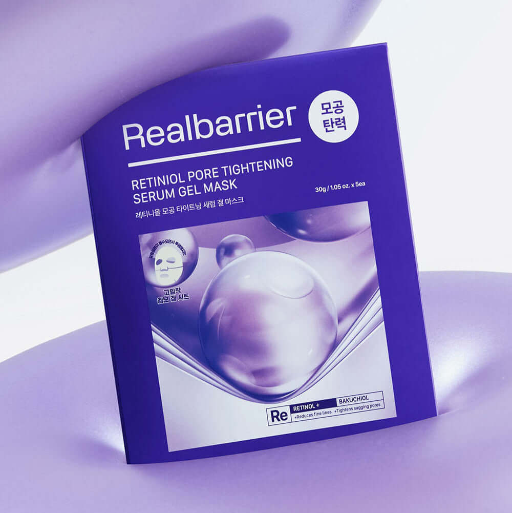 REAL BARRIER Retinol Pore Tightening Serum Gel Mask x5 Sheets packaging with purple design, 30g per sheet. Skincare product.