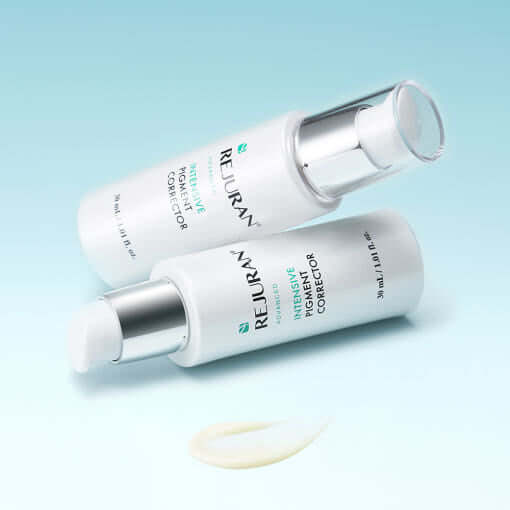 REJURAN Advanced Intensive Pigment Corrector 30ml bottles on a light blue background, redesign for skin brightening.