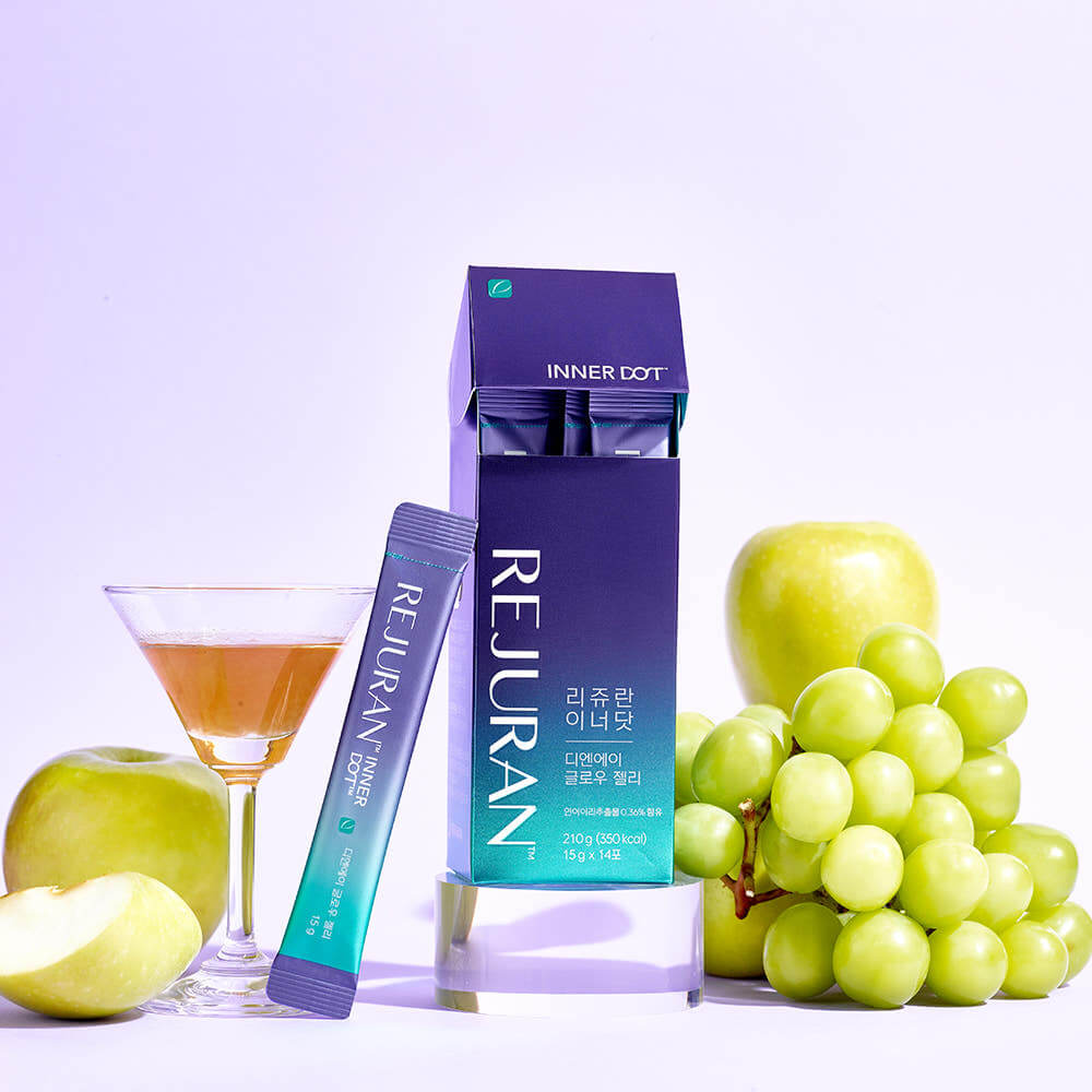 REJURAN Innerdo DNA Glow Jelly 1 box (14p) with fruits and drink on white background