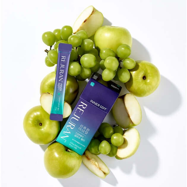 REJURAN Innerdo DNA Glow Jelly 1 box (14p) surrounded by green apples and grapes.