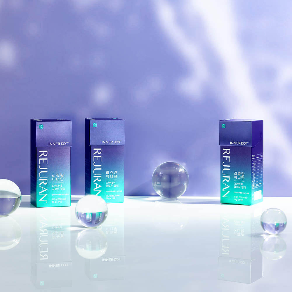 REJURAN Innerdo DNA Glow Jelly 1 box (14p) packaging on a reflective surface with decorative spheres